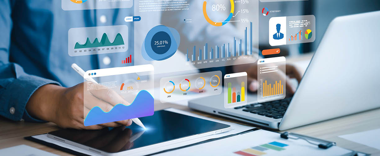 An analyst uses a computer and dashboard for data business analysis and Data Management System with KPI and metrics connected to the database for technology finance, operations, sales, marketing 👔 An analyst uses a computer and dashboard for data business analysis and Data Management System with KPI and metrics connected to the database for technology finance, operations, sales, marketing